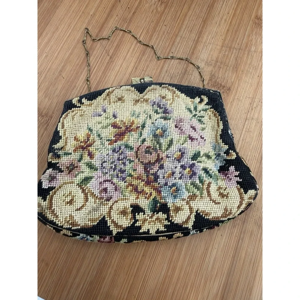 Victorian Style Floral Embroidered Tapestry Evening Bag with Brass Chain & Clasp